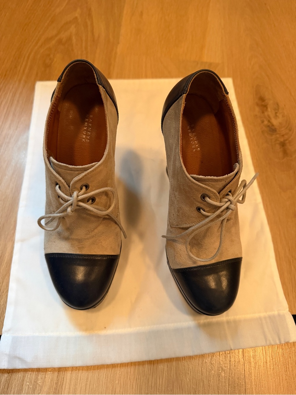 Barneys New York Grey Suede and Navy Blue Leather Cap-Toe Platform Oxfords
